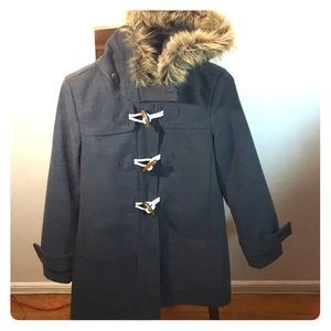 Gray hooded peacoat with fur lining